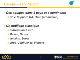Devops – eXo Platform

•    Des équipes dans 5 pays et 4 continents
     » DEV, Support, QA, ITOP (production)

•    Un ou...