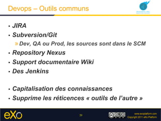 Devops – Outils communs

•  JIRA
•  Subversion/Git
     » Dev, QA ou Prod, les sources sont dans le SCM
•  Repository Nexu...