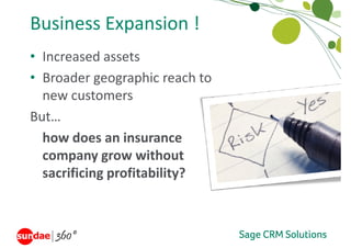 Business Expansion !
Business Expansion !
• Increased assets
  Increased assets 
            g g p
• Broader geographic reach to 
  new customers
But…
  how does an insurance 
  how does an insurance
  company grow without 
  sacrificing profitability?
 