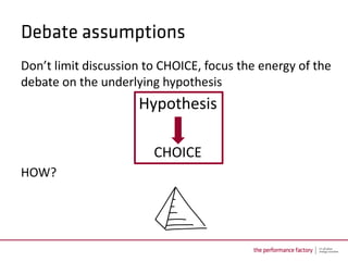 Don’t limit discussion to CHOICE, focus the energy of the
debate on the underlying hypothesis
                     Hypothesis

                        CHOICE
HOW?
 