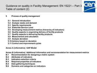 Guidance on quality in Facility Management: EN 15221 – Part 3
Table of content (2)

5      Process of quality management

    5.1 General introduction
    5.2 Analyze needs and demand
    5.3 Specify requirements
    5.4 Elaborate Service Level
    5.5 Developing measurement metrics (hierarchy of indicators)
    5.6 Quality aspects in organizing delivery of facility products
    5.7 Quality aspects in delivering facility products
    5.8 Measurement and calculation
    5.9 Analyze deviation
    5.10 Actions based on deviation
    5.11 Control and improvement cycles

Annex A (informative) GAP-Model

Annex B (informative) Additional information and recommendation for measurement metrics
B.1 Recommendation for designing a metric system
B.2 Attributes of indicators
B.3 Indicators selection criteria
B.4 Required properties of indicators
B.5 Data gathering techniques
B.6 Domains and categories on indicators
 