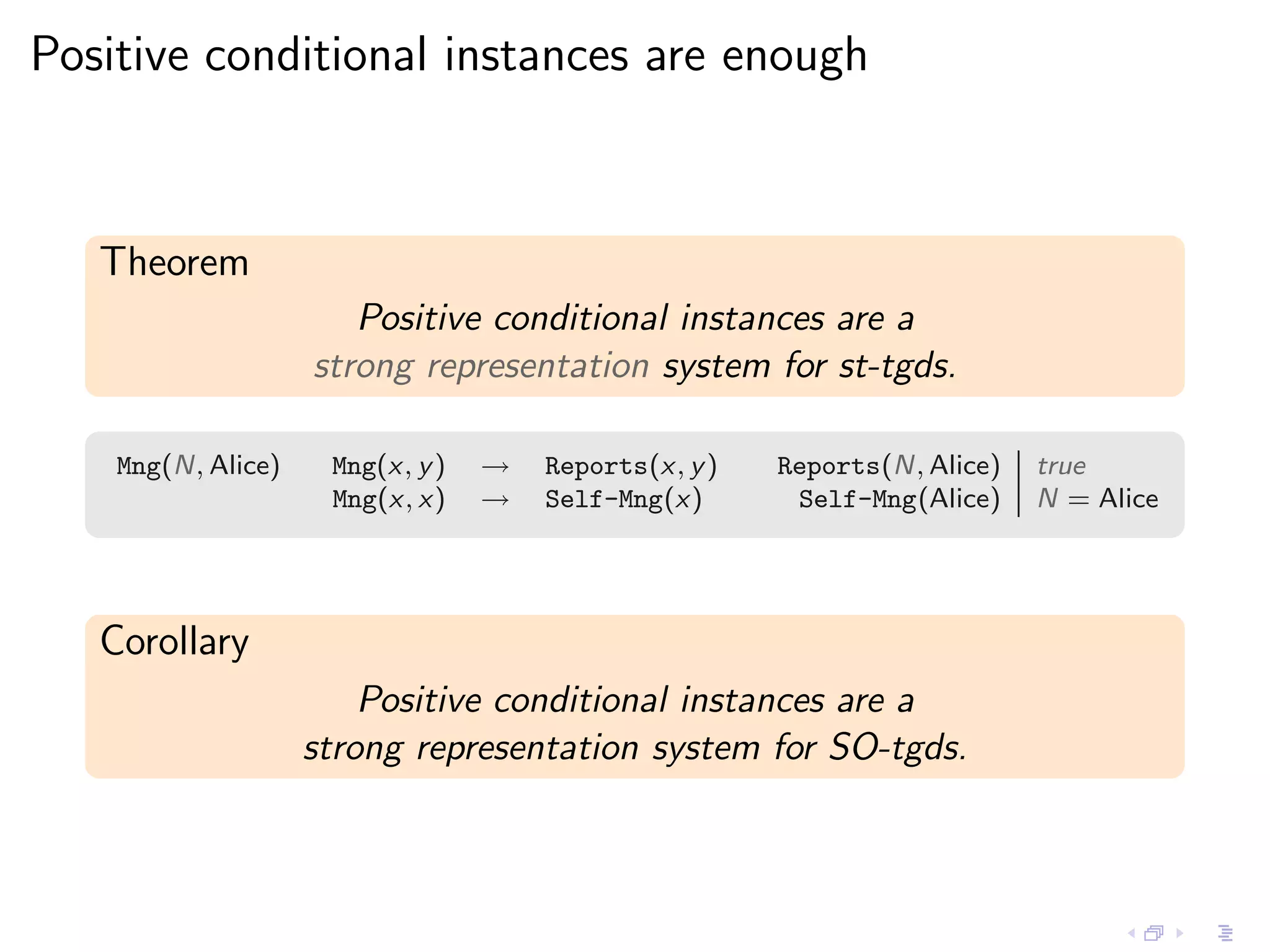 Positive conditional instances are enough



   Theorem
                       Positive conditional instances are a
                    strong representation system for st-tgds.

    Mng(N, Alice)    Mng(x, y )   →   Reports(x, y )   Reports(N, Alice)   true
                     Mng(x, x)    →   Self-Mng(x)       Self-Mng(Alice)    N = Alice




   Corollary
                        Positive conditional instances are a
                    strong representation system for SO-tgds.
 