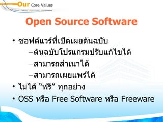 Open Source Software
• ซอฟตแวรุณพิบูลท$@เปิดเผยต้ดเผย์䅜渫@ตนฉบบ
     – ตนฉบบโปิดเผยต้รุณพิบูลแกรุณพิบูลมปิดเผยต้รุณพิบูลบแกไขได
     – สามารุณพิบูลถส%าเนาได
     – สามารุณพิบูลถเผย์䅜渫@แพิบูลย์รุณพิบูลได
                                               )
• ไม)ได “ฟรุณพิบูล$” ทกอย์䅜渫@)าง
• OSS ห่งชาติรุณพิบูลLอ Free Software ห่งชาติรุณพิบูลอ Freeware
                                                             L
 