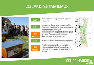 .+/,6($%&)/,3('&.&(#L,
             Secteur des Grands Jardins

               maintien de l’exploitation agricole
    3(&0,    existante

                création d’une trentaine de jardins
    3(&0,    familiaux d'environ 200m! chacun sur
             f ili       d'   i          ! h
             les friches (8000m !) et
             éventuellement un petit bâtiment pour        Jard
     +),     la vie de l'association (réunions,
   5$"6+0,   distributions de graines, etc.)
                                                          Peti
                                                          asso

    3(&0,      installation d’un rucher pédagogique

               réfection des sentes et chemin
     +),     existants et création d’une voie verte
   !"#$/,    (piétons et vélos) à travers le bois et la
             prairie.
             prairie
 