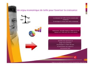 Un enjeu économique de taille pour favoriser la croissance


                                      La croissance de l’offre rend les cessions plus
                                                        complexes
                                     Un décalage se creuse entre offre et demande




                                    Aujourd’hui, 105 000 emplois en PME de 10 à 50
                                       salariés et 51 000 entre 50 et 250 salariés




                                                Identifier des repreneurs et
                                                   jauger leurs potentiels
                                             Accompagner le cédant afin que
                                              la transmission soit réaliste et
                                                     correctement faite




                                                                                                             7

                                1- Regard sur les données chiffrées de l’évolution démographique depuis dix ans
 
