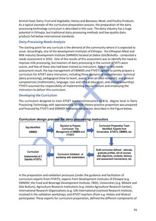 91
Animal Feed; Dairy; Fruit and Vegetable; Honey and Beeswax; Meat; and Poultry Products.
As a typical example of the curriculum preparation process, the preparation of the dairy
processing technology curriculum is described in this case. The dairy industry has a huge
potential in Ethiopia, but traditional dairy processing methods and low-quality dairy
products fall below international standards.
Dairy Processing Needs Analysis
The starting point for any curricula is the demand of the community where it is expected to
serve. Accordingly, one of the development institutes of Ethiopia - the Ethiopian Meat and
Milk Industry Development Institute (EMMIDI) located at Debre-Zeit/Bishoftu - conducted a
needs assessment in 2016. One of the results of this assessment was to identify the need to
improve milk processing, but teachers of dairy processing in the current ATVETs were
scarce, and few of these also had been trained as instructors. Based on this needs
assessment result, the top management of EMMIDI and FTVETI agreed to jointly prepare a
curriculum for ATVET dairy instructors, including three domains of competencies: technical
(dairy processing); pedagogical (how to teach, assess, and carryout research); and general
competencies (mathematics, language, civic and ethical education, and entrepreneurship).
FTVETI assumed the responsibility of implementing this curriculum and employing the
instructors to deliver this curriculum.
Developing the Curriculum
The curriculum designed to train ATVET teachers/instructors to B.Sc. degree level in Dairy
Processing Technology with approximately 50-50% theory-practice proportion was prepared
and financed by FTVETI and EMMIDI following the process described in the Figure below.
Curriculum design process for dairy processing instructors
In the preparation and validation processes (under the guidance and facilitation of
curriculum experts from FTVETI), experts from Development Institutes of Ethiopia (e.g.
EMMIDI; the Food and Beverage Development Institute, FBDI), Universities (e.g. Mekele and
Oda Bultum), Agriculture Research Institutions (e.g. Holeta Agriculture Research Center),
International Research Organizations (e.g. ILRI-International Livestock Research Institute,
involved in the validation workshop), and ATVET teachers (from e.g. Holeta and Wukro)
participated. These experts for curriculum preparation, defined the different components of
Gap Identified:
EMMIDI
Decision to Prepare
Curriculum: Top
Management of EMMIDI and
FTVETI
Curriculum Preparation Team
Identified: Experts from
Universities, ATVETs, EMMIDI, etc.
Draft curriculum defined: rationale,
graduate profiles, list of courses
with objectives, contents, delivery
and assessment mechanisms, etc.
Curriculum Validated: at
workshop with stakeholders
Curriculum
Implemented at 2
Satellite ATVETs
 