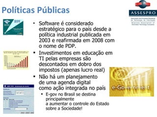 Políticas Públicas Software é considerado estratégico para o país desde a política industrial publicada em 2003 e reafirmada em 2008 com o nome de PDP. Investimentos em educação em TI pelas empresas são descontados em dobro dos impostos (apenas lucro real) Não há um planejamento  de uma agenda digital  como ação integrada no país E-gov no Brasil se destina principalmente  a aumentar o controle do Estado sobre a Sociedade! 