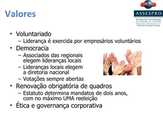 Valores Voluntariado Liderança é exercida por empresários voluntários Democracia  Associados das regionais  elegem lideranças locais Lideranças locais elegem  a diretoria nacional Votações sempre abertas Renovação obrigatória de quadros Estatuto determina mandatos de dois anos,  com no máximo UMA reeleição Ética e governança corporativa 