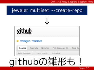 2011.7.2 Ruby-Sapporo Session Time



jeweler multiset --create-repo

             ↓



githubの雛形も！                           Page: 37
 