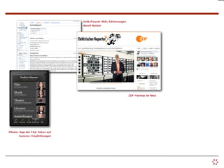 Auto




                                Volksfreund-Wiki, Editierungen
                                durch Nutzer




                                                                 ZDF-Format im Netz




iPhone-App der FAZ, Fokus auf
       Autoren-Empfehlungen
 