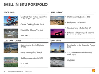 SHELL IN SITU PORTFOLIO

PEACE RIVER                                                           AERA ENERGY

                             Cold Production, Vertical Steam Drive                  Shell / Exxon LLC (Shell 51.8%)
                                 and Cyclic Steam Stimulation

                                                                                     Production ~ 160 kboe/d
                             Carmon Creek application 2010
                                                                                     Headquartered in Bakersfield CA
                             Potential for 80 kboe/d project
                                                                                     Enhanced Oil Recovery with potential
                                                                                      future use of SAGD
                             Shell 100%

COLD LAKE - ORION                                                     GROSMONT

                             Steam Assisted Gravity Drainage                        Investigating In Situ Upgrading Process
                                 (SAGD)                                               (IUP)


                             Design capacity of 10 kboe/d                           125,440 hectares in Athabasca oil
                                                                                      sands region

                             Shell began operations in 2007
                                                                                     Shell 100%
                             Shell 100%


4   Copyright of Royal Dutch Shell plc   06/07/2011
 