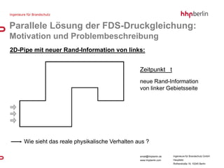 Parallele Lösung der FDS-Druckgleichung:
Motivation und Problembeschreibung
2D-Pipe mit neuer Rand-Information von links:


                                                 Zeitpunkt t
                                                 neue Rand-Information
                                                 von linker Gebietsseite




    Wie sieht das reale physikalische Verhalten aus ?

                                                 email@hhpberlin.de   Ingenieure für Brandschutz GmbH
                                                 www.hhpberlin.com    Hauptsitz:
                                                                      Rotherstraße 19, 10245 Berlin
 