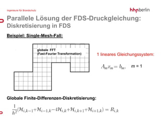 Parallele Lösung der FDS-Druckgleichung:
Diskretisierung in FDS
Beispiel: Single-Mesh-Fall:


              globale FFT
              (Fast-Fourier Transformation)   1 lineares Gleichungssystem:

                                                                            m=1




Globale Finite-Differenzen-Diskretisierung:

                                               email@hhpberlin.de   Ingenieure für Brandschutz GmbH
                                               www.hhpberlin.com    Hauptsitz:
                                                                    Rotherstraße 19, 10245 Berlin
 