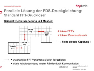 Parallele Lösung der FDS-Druckgleichung:
Standard FFT-Drucklöser
Beispiel: Gebietszerlegung in 4 Meshes:


                       lokale
                        FFT                   4 lokale FFT‘s
                                  lokale
                                   FFT        + lokaler Datenaustausch

              lokale                                 keine globale Kopplung !!
               FFT
     lokale
      FFT




     • unabhängige FFT-Verfahren auf allen Teilgebieten
     • lokale Kopplung entlang innerer Ränder durch Kommunikation
                                               email@hhpberlin.de   Ingenieure für Brandschutz GmbH
                                               www.hhpberlin.com    Hauptsitz:
                                                                    Rotherstraße 19, 10245 Berlin
 
