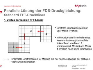 Parallele Lösung der FDS-Druckgleichung:
Standard FFT-Drucklöser
1. Zyklus der lokalen FFT-Löser:


                                             • Einström-Information wird nur
                      3                        über Mesh 1 verteilt
                                    4
                                             • Information wird innerhalb eines
                                               Kommunikationszyklus auf den
                2                              linken Rand von Mesh 2
                                               kommuniziert, Mesh 3 und Mesh
      1
                                               4 erhalten noch keine Information



     fehlerhafte Einströmdaten für Mesh 2, die nur näherungsweise der globalen
     Rechnung entsprechen
                                                email@hhpberlin.de   Ingenieure für Brandschutz GmbH
                                                www.hhpberlin.com    Hauptsitz:
                                                                     Rotherstraße 19, 10245 Berlin
 