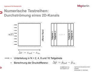 Numerische Testreihen:
Durchströmung eines 2D-Kanals




   •   Unterteilung in N = 2, 4, 8 und 16 Teilgebiete
   •   Berechnung der Druckdifferenz:
                                                  email@hhpberlin.de   Ingenieure für Brandschutz GmbH
                                                  www.hhpberlin.com    Hauptsitz:
                                                                       Rotherstraße 19, 10245 Berlin
 
