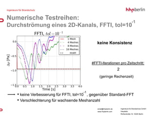 Numerische Testreihen:
                                                                                     -1
Durchströmung eines 2D-Kanals, FFTI, tol=10

                                              keine Konsistenz



                                           #FFTI-Iterationen pro Zeitschritt:
                                                                   2
                                                (geringe Rechenzeit)



                                      -1
   • keine Verbesserung für FFTI, tol=10 , gegenüber Standard-FFT
   • Verschlechterung für wachsende Meshanzahl
                                              email@hhpberlin.de       Ingenieure für Brandschutz GmbH
                                              www.hhpberlin.com        Hauptsitz:
                                                                       Rotherstraße 19, 10245 Berlin
 