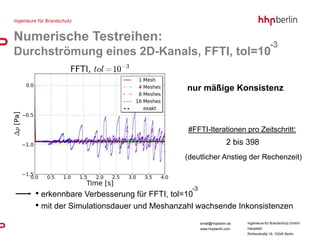 Numerische Testreihen:
                                                                                   -3
Durchströmung eines 2D-Kanals, FFTI, tol=10

                                         nur mäßige Konsistenz



                                          #FFTI-Iterationen pro Zeitschritt:
                                                               2 bis 398
                                         (deutlicher Anstieg der Rechenzeit)



                                           -3
   • erkennbare Verbesserung für FFTI, tol=10
   • mit der Simulationsdauer und Meshanzahl wachsende Inkonsistenzen
                                                email@hhpberlin.de   Ingenieure für Brandschutz GmbH
                                                www.hhpberlin.com    Hauptsitz:
                                                                     Rotherstraße 19, 10245 Berlin
 