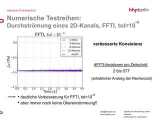 Numerische Testreihen:
                                                                                  -4
Durchströmung eines 2D-Kanals, FFTI, tol=10

                                         verbesserte Konsistenz



                                          #FFTI-Iterationen pro Zeitschritt:
                                                              2 bis 577
                                        (erheblicher Anstieg der Rechenzeit)



                                         -4
   • deutliche Verbesserung für FFTI, tol=10
   • aber immer noch keine Übereinstimmung!!
                                               email@hhpberlin.de   Ingenieure für Brandschutz GmbH
                                               www.hhpberlin.com    Hauptsitz:
                                                                    Rotherstraße 19, 10245 Berlin
 