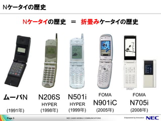 NEC CASIO MOBILE COMMUNICATIONSPage 3
N
N
N
(1991 )
N206S
HYPER
(1998 )
N501i
HYPER
(1999 )
FOMA
N901iC
(2005 )
FOMA
N705i...