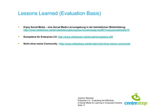 Lessons Learned (Evaluation Basis)

   Enjoy Social Media – eine Social Media Lernumgebung in der betrieblichen Weiterbil...