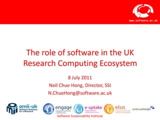 www.software.ac.uk




 The role of software in the UK
Research Computing Ecosystem
              8 July 2011
      Neil Chue Hong, Director, SSI
      N.ChueHong@software.ac.uk



          Software Sustainability Institute
 
