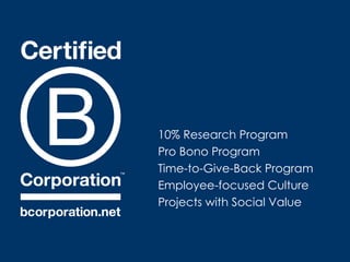 10% Research Program Pro Bono Program Time-to-Give-Back Program Employee-focused Culture  Projects with Social Value 