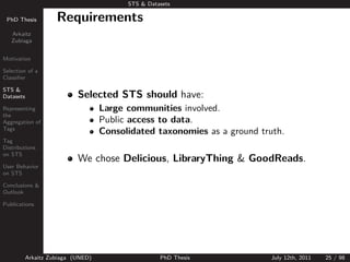 STS & Datasets

 PhD Thesis          Requirements
   Arkaitz
   Zubiaga


Motivation

Selection of a
Classiﬁer

STS &
Datasets                    Selected STS should have:
Representing                        Large communities involved.
the
Aggregation of                      Public access to data.
Tags
                                    Consolidated taxonomies as a ground truth.
Tag
Distributions

                            We chose Delicious, LibraryThing & GoodReads.
on STS

User Behavior
on STS

Conclusions &
Outlook

Publications




           Arkaitz Zubiaga (UNED)                   PhD Thesis             July 12th, 2011   25 / 98
 