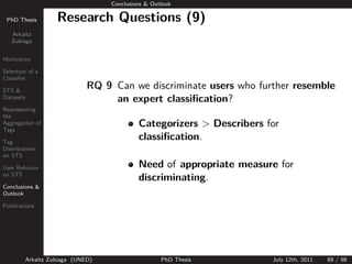 Conclusions & Outlook

 PhD Thesis          Research Questions (9)
   Arkaitz
   Zubiaga


Motivation

Selection of a
Classiﬁer

STS &
                               RQ 9 Can we discriminate users who further resemble
Datasets                            an expert classiﬁcation?
Representing
the
Aggregation of
Tags
                                             Categorizers > Describers for
Tag
                                             classiﬁcation.
Distributions
on STS

User Behavior                                Need of appropriate measure for
on STS
                                             discriminating.
Conclusions &
Outlook

Publications




           Arkaitz Zubiaga (UNED)                    PhD Thesis         July 12th, 2011   89 / 98
 