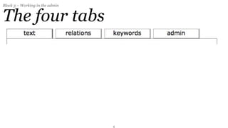 Block 3 – Working in the admin


The four tabs




                                 4
 