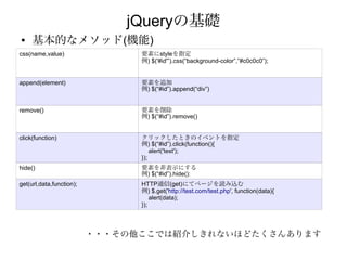 jQueryの基礎
●    基本的なメソッド(機能)
css(name,value)                 要素にstyleを指定
                                例) $('#id'”).css(“background-color”,”#c0c0c0”);


append(element)                 要素を追加
                                例) $(“#id”).append(“div”)


remove()                        要素を削除
                                例) $(“#id”).remove()


click(function)                 クリックしたときのイベントを指定
                                例) $(“#id”).click(function(){
                                    alert('test');
                                });
hide()                          要素を非表示にする
                                例) $(“#id”).hide():
get(url,data,function);         HTTP通信(get)にてページを読み込む
                                例) $.get('http://test.com/test.php', function(data){
                                    alert(data);
                                });



                          ・・・その他ここでは紹介しきれないほどたくさんあります
 