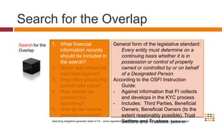 Search for the OverlapWhat financial information records should be included in the search? Which lists should be searched against?How often should the search take place? How should we conduct the searching?How do we resolve potential matches?General form of the legislative standard: 	Every entity must determine on a continuing basis whether it is in possession or control of property owned or controlled by or on behalf of a Designated PersonAccording to the OSFI Instruction Guide:Against information that FI collects and develops in the KYC process