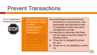 Search for the OverlapWhat financial information records should be included in the search? Which lists should be searched against?How often should the search take place? How should we conduct the searching?How do we resolve potential matches?OSFI further suggests that: if an FI’s record matches or substantially matches that of a DP, the FRFI should compare personal identifiers, and may seek additional information from the client.  Neither the RCMP nor CSIS are to be contacted in resolving a potential match according to the Guide. In both exact and partial name matches, it is typically the personal identifier which confirms or disconfirms the match – along with circumstantial information. Search for the Overlap