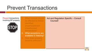Determine DP PropertyDetermine possession/control of DP PropertyWhat is Property?What does Determination involve? Property means “property of every description and documents relating to or evidencing the title or right to property, or giving a right to recover or receive money or goods, and includes any funds, financial assets or economic resources.”OSFI’s guidance suggest that property includes: A positive balance in a deposit account or GIC in the name of a DP