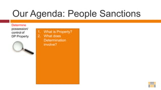 Our Agenda: People SanctionsDetermine possession/control of DP PropertyWhat is Property?What does Determination involve? 