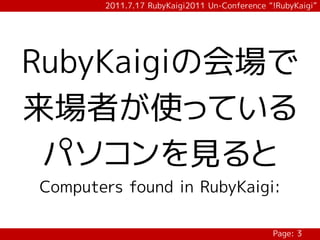 2011.7.17 RubyKaigi2011 Un-Conference “!RubyKaigi”




RubyKaigiの会場で
来場者が使っている
 パソコンを見ると
Computers found in RubyKaigi:

                                              Page: 3
 