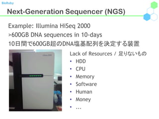 BioRuby


   Next-Generation Sequencer (NGS)
   Example: Illumina HiSeq 2000
   >600GB DNA sequences in 10-days
   10日間で60...