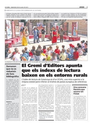 dimecres 20 de juliol de 2011                                                                                                                        avui               3
 campanya a lleida per fomentar la lectura

  d’Artagnan, sherezade, robin Hood, el doctor samuel       mil i una aventures que poden trobar als llibres. Aquesta    es va explicar que a catalunya un 57,4% de la població
  Ferguson, cleòpatra, el cid, la celestina, don mendo      iniciativa forma part de la campanya de foment de la         reconeix ser lectora habitual, una xifra lleugerament
  i robinson crusoe van cobrar vida ahir a la plaça sant    lectura ‘llegir té premi’, que organitza la Federació de     superior a la mitjana espanyola, que se situa en el 57%.
  joan per convidar els lleidatans a submergir-se en les    Gremis d’editors d’espanya (FGee). durant la jornada,        Tot i això, es vol augmentar aquest percentatge.
                                                                                                                                                                        ALbert guerrero




La campanya es va fer ahir al matí a la plaça Sant Joan i es van poder veure personatges com el Cid o d’Artagnan



  demanen                          El Gremi d’Editors apunta
  que no es
  redueixin                        que els índexs de lectura
  els fons
  bibliogràfics                    baixen en els entorns rurals
  La Federació de Gre-             L’índex de lectura de Catalunya és d’un 57,4%, una mica superior a la
  mis d’Editors d’Espanya
  (FGEE) vol aquesta cam-          mitjana estatal però inferior al d’altres de països europeus de referència
  panya per donar un toc
  d’atenció a les adminis-          redACCió                           xifra lleugerament superior a         ra a Espanya arriba el 53% de
                                    lleida
  tracions públiques per-                                              la mitjana espanyola, que se si-      la població major de 14 anys,
  què deixin al marge de           El 57,4% de la població de          tua en el 57%. Aquestes dades,        xifres que continuen sent infe-        una caravana
  les reduccions pressupos-
  tàries les partides desti-
                                   Catalunya, reconeix ser lectora
                                   habitual, un percentatge que
                                                                       situen Catalunya com a cinquè
                                                                       territori de l’Estat en número
                                                                                                             riors a les dels principals paï-
                                                                                                             sos europeus, especialment els
                                                                                                                                                    literària que
  nades a la dotació de fons       es pot extrapolar a les comar-      de lectors, només superat per         nòrdics i escandinaus. Malgrat         recorre tot
  bibliogràfics per a les bi-
  blioteques públiques i al
                                   ques de Lleida. Tot i això, a
                                   l’entorn rural de les comarques
                                                                       Madrid (amb un 70,4% de po-
                                                                       blació lectora), el País Basc, la
                                                                                                             aquestes xifres han anat millo-
                                                                                                             rant en els últims cinc anys. A
                                                                                                                                                    l’estat
  foment de la lectura que         de Lleida, els índexs de lectura    Rioja i Cantàbria. Pel que fa al      més, hi ha dades que permeten          La caravana literària com-
  compten ja amb uns pres-         baixen una mica perquè segons       perfil, el 70,2% dels joves d’en-     ser optimistes de cara al futur        pleix enguany 11 anys. I
  supostos reduïts.                el Gremi d’Editors, es llegeix      tre 14 i 24 anys diuen ser lec-       com el fet que el grup de po-          ho fa amb diferents versi-
                                   menys a les zones allunyades        tors habituals, mentre que el         blació que més llegeix és el de        ons que han anat passant
  prioritAt                        dels principals centres cultu-      percentatge de població major         els joves entre 14 i 24 anys, que      per la pràctica totalitat de
     Segons l’opinió de la         rals.                               de 14 anys que llegeix habitu-        en un 70,2% es declara lector          les capitals espanyoles.
  FGEE, l’impuls a la lec-            Són dades de la Federació        alment se situa en el 53%.            habitual.                              Aquest any són personat-
  tura ha de ser un objec-         de Gremis d’Editors d’Espanya          Segons el Baròmetre d’Hà-             Així ahir, Cleopatra, El Cid,       ges de novel·les d’aven-
  tiu essencial de tots els        (FGEE) i que ahir va organitzar     bits de Lectura i Compra de           d’Artagnan o Robin Hood                tures i clàssics de la lite-
  poders públics. I és que         la campanya Llegir té premi a la    Llibres 2010, l’índex de lectu-       van passar ahir per Lleida. La         ratura universal els quals
  asseguren que “l’educa-          plaça Sant Joan de la ciutat de                                           campanya es duu del 14 al 28           surten, figuradament, de
  ció i la cultura d’un país       Lleida i que pretén sensibilitzar                                         de juliol a 11 ciutats. Abans de       les seves pàgines per in-
  contribueixen de forma           la societat de la importància de     > madrid, el país                    Lleida, la FGEE ha portat aques-       teractuar amb el públic i
  essencial en el desenvolu-       la lectura tant per a la forma-      Basc, la rioja i                     ta iniciativa a Burgos, Vitòria i      convidar-los a apropar-se
  pament social i, per tant,       ció i educació de les persones       cantàbria estan per                  Osca i, després de passar per          a la lectura com una for-
  haurien de ser una prio-         o com a pur entreteniment i ac-      sobre de la mitjana                  Ponent, anirà a Terol, Albacete,       ma de diversió i d’adqui-
  ritat”.                          tivitat recreativa. Així, la mit-    catalana                             Còrdova, Ciudad Real, Sego-            sició de coneixements.
                                   jana catalana (57,4%) és una                                              via, Zamora i Orense.
 
