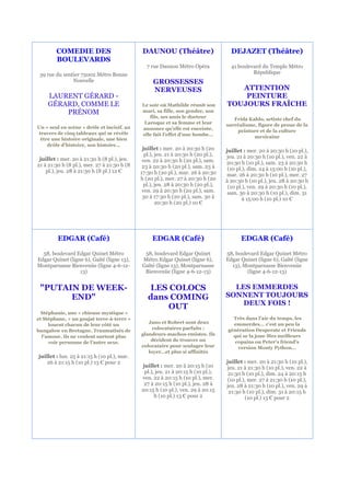COMEDIE DES                           DAUNOU (Théâtre)                       DEJAZET (Théâtre)
        BOULEVARDS
                                               7 rue Daunou Métro Opéra              41 boulevard du Temple Métro
 39 rue du sentier 75002 Métro Bonne                                                          République
               Nouvelle                           GROSSESSES
                                                  NERVEUSES                           ATTENTION
    LAURENT GÉRARD -                                                                   PEINTURE
    GÉRARD, COMME LE                         Le soir où Mathilde réunit son        TOUJOURS FRAÎCHE
        PRÉNOM                               mari, sa fille, son gendre, son
                                                fils, ses amis le docteur             Frida Kahlo, artiste chef du
                                              Laroque et sa femme et leur          surréalisme, figure de proue de la
Un « seul en scène » drôle et incisif, au    annonce qu’elle est enceinte,
travers de cinq tableaux qui se révèle                                                 peinture et de la culture
                                             elle fait l’effet d’une bombe...                 mexicaine
 être une histoire originale, une bien
    drôle d’histoire, son histoire…
                                              juillet : mer. 20 à 20:30 h (20      juillet : mer. 20 à 20:30 h (10 pl.),
                                               pl.), jeu. 21 à 20:30 h (20 pl.),   jeu. 21 à 20:30 h (10 pl.), ven. 22 à
 juillet : mer. 20 à 21:30 h (8 pl.), jeu.    ven. 22 à 20:30 h (20 pl.), sam.
21 à 21:30 h (8 pl.), mer. 27 à 21:30 h (8                                         20:30 h (10 pl.), sam. 23 à 20:30 h
                                              23 à 20:30 h (20 pl.), sam. 23 à      (10 pl.), dim. 24 à 15:00 h (10 pl.),
    pl.), jeu. 28 à 21:30 h (8 pl.) 12 €     17:30 h (20 pl.), mar. 26 à 20:30     mar. 26 à 20:30 h (10 pl.), mer. 27
                                             h (20 pl.), mer. 27 à 20:30 h (20     à 20:30 h (10 pl.), jeu. 28 à 20:30 h
                                               pl.), jeu. 28 à 20:30 h (20 pl.),    (10 pl.), ven. 29 à 20:30 h (10 pl.),
                                              ven. 29 à 20:30 h (20 pl.), sam.      sam. 30 à 20:30 h (10 pl.), dim. 31
                                              30 à 17:30 h (20 pl.), sam. 30 à             à 15:00 h (10 pl.) 10 €
                                                     20:30 h (20 pl.) 10 €




         EDGAR (Café)                             EDGAR (Café)                            EDGAR (Café)

  58, boulevard Edgar Quinet Métro            58, boulevard Edgar Quinet           58, boulevard Edgar Quinet Métro
Edgar Quinet (ligne 6), Gaîté (ligne 13),    Métro Edgar Quinet (ligne 6),         Edgar Quinet (ligne 6), Gaîté (ligne
Montparnasse Bienvenüe (ligne 4-6-12-        Gaîté (ligne 13), Montparnasse          13), Montparnasse Bienvenüe
                  13)                         Bienvenüe (ligne 4-6-12-13)                   (ligne 4-6-12-13)


 "PUTAIN DE WEEK-                               LES COLOCS                           LES EMMERDES
       END"                                     dans COMING                        SONNENT TOUJOURS
                                                                                       DEUX FOIS !
                                                    OUT
  Stéphanie, une « chieuse mystique »
et Stéphane, « un goujat terre-à-terre »                                              Très dans l'air du temps, les
                                                Jano et Robert sont deux              emmerdes... c'est un peu la
     louent chacun de leur côté un
                                                  colocataires parfaits :           génération Desperate et Friends
bungalow en Bretagne. Traumatisés de
                                             glandeurs-machos-rmistes. Ils            qui se la joue Mes meilleurs
  l’amour, ils ne veulent surtout plus
                                                 décident de trouver un                copains ou Peter's friend's
     voir personne de l’autre sexe.
                                             colocataire pour soulager leur             version Monty Python…
                                                loyer…et plus si affinités
juillet : lun. 25 à 21:15 h (10 pl.), mar.
    26 à 21:15 h (10 pl.) 13 € pour 2                                              juillet : mer. 20 à 21:30 h (10 pl.),
                                              juillet : mer. 20 à 20:15 h (10      jeu. 21 à 21:30 h (10 pl.), ven. 22 à
                                               pl.), jeu. 21 à 20:15 h (10 pl.),    21:30 h (10 pl.), dim. 24 à 20:15 h
                                             ven. 22 à 20:15 h (10 pl.), mer.      (10 pl.), mer. 27 à 21:30 h (10 pl.),
                                              27 à 20:15 h (10 pl.), jeu. 28 à     jeu. 28 à 21:30 h (10 pl.), ven. 29 à
                                             20:15 h (10 pl.), ven. 29 à 20:15      21:30 h (10 pl.), dim. 31 à 20:15 h
                                                    h (10 pl.) 13 € pour 2                 (10 pl.) 13 € pour 2
 