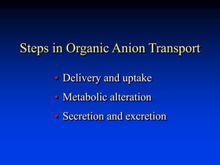 Steps in Organic Anion Transport
• Delivery and uptake
• Metabolic alteration
• Secretion and excretion
 