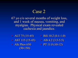 Case 2
• ALT 75 (15-45)
• AST 115 (15-45)
• Alk Phos 650
(50-150)
• Bili 10.2 (0.1-1.0)
• Alb 4.2 (3.5-5.5)
• PT 11.0 (10-12)
67 yo c/o several months of weight loss,
and 1 week of nausea, vomiting, and
myalgias. Physical exam revealed
cachexia and jaundice.
 