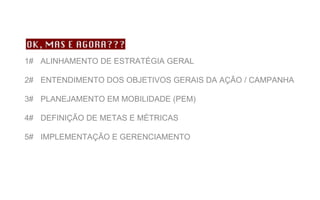 1#  ALINHAMENTO DE ESTRATÉGIA GERAL 2#  ENTENDIMENTO DOS OBJETIVOS GERAIS DA AÇÃO / CAMPANHA 3#  PLANEJAMENTO EM MOBILIDADE (PEM) 4#  DEFINIÇÃO DE METAS E MÉTRICAS 5# IMPLEMENTAÇÃO E GERENCIAMENTO 