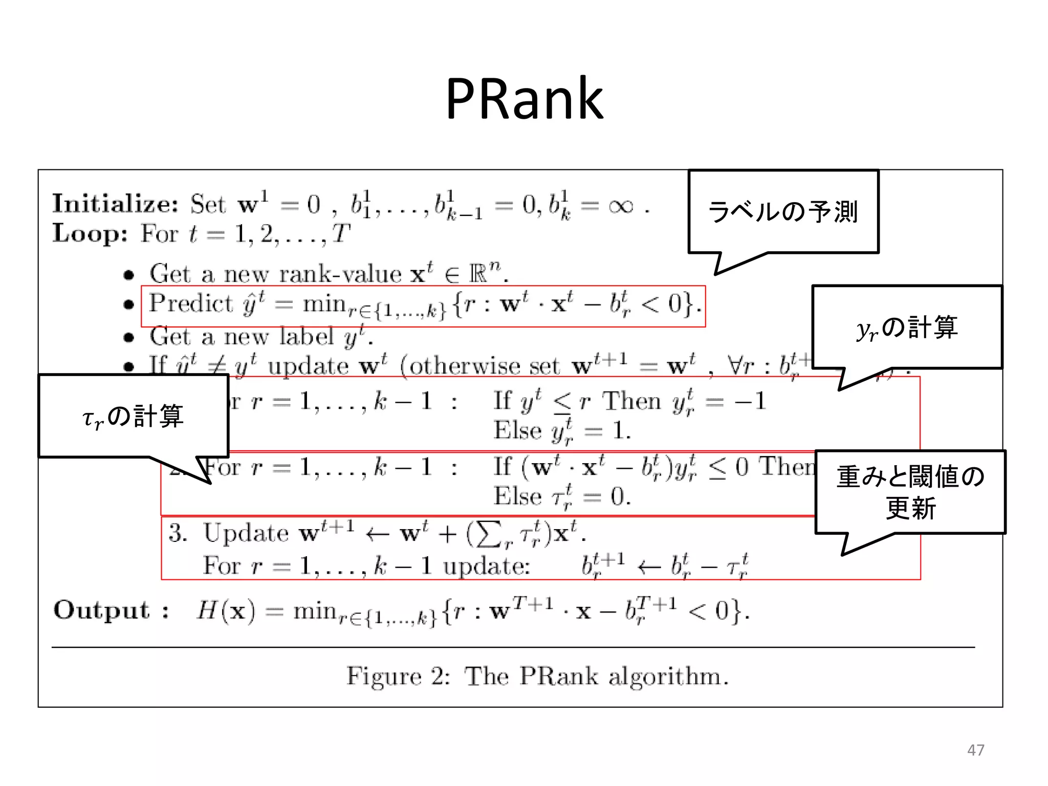 PRank
                   ラベルの予測



                         の計算


 の計算

                        重みと閾値の
                          更新




                                   47
 