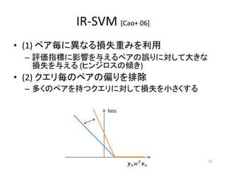 IR-SVM [Cao+ 06]
• (1) ペア毎に異なる損失重みを利用
 – 評価指標に影響を与えるペアの誤りに対して大きな
   損失を与える (ヒンジロスの傾き)
• (2) クエリ毎のペアの偏りを排除
 – 多くのペアを持つクエリに対して損失を小さくする

              loss




                        
                                       62
 
