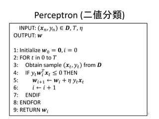 Perceptron (二値分類)
 INPUT: (������������ , ������������ ) ∈ ������, ������, ������
OUTPUT: ������

1: Initialize ������0 = ...