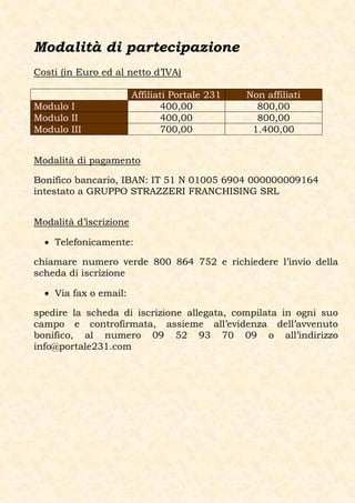 Modalità di partecipazione
Costi (in Euro ed al netto d’IVA)

                        Affiliati Portale 231   Non affiliati
Modulo I                       400,00             800,00
Modulo II                      400,00             800,00
Modulo III                     700,00            1.400,00


Modalità di pagamento

Bonifico bancario, IBAN: IT 51 N 01005 6904 000000009164
intestato a GRUPPO STRAZZERI FRANCHISING SRL


Modalità d’iscrizione

   Telefonicamente:

chiamare numero verde 800 864 752 e richiedere l’invio della
scheda di iscrizione

   Via fax o email:

spedire la scheda di iscrizione allegata, compilata in ogni suo
campo e controfirmata, assieme all’evidenza dell’avvenuto
bonifico, al numero 09 52 93 70 09 o all’indirizzo
info@portale231.com
 