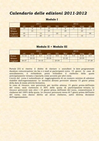 Calendario delle edizioni 2011-2012
                                      Modulo I
                            2011                                2012
             ott     nov       dic    gen     feb     mar      apr   mag        giu
Roma         10       8         5      10      7       6        3       8        5
Milano                21               24              20               22
Cagliari     25                13              22                               26
Catania      19                20      17              13               15




                            Modulo II + Modulo III
                            2011                                2012
             ott     nov      Dic     gen     feb     Mar      Apr   mag        giu
Roma        11-12    9-10      6-7    11-12    8-9     7-8     4-5      9-10    6-7
Milano              22-23             25-26           21-22            23-24
Cagliari    26-27             14-15           23-24                            27-28



Portale 231 si riserva il diritto di rinviare o annullare le date programmate
dandone comunicazione via fax o e-mail ai partecipanti entro 15 giorni. In caso di
annullamento, il richiedente potrà richiedere il rimborso della quota
anticipatamente versata o lasciarla come acconto per altri corsi.
L’avvio del corso è subordinato al raggiungimento di un numero minimo di adesioni
stabilite dall'organizzazione. Le iscrizioni devono pervenire almeno 15 giorni prima
della data di inizio attività formativa.
In caso di rinunce, non pervenute per iscritto almeno 15 giorni prima dell’inizio
del corso, sarà trattenuto il 50% della quota di partecipazione versata. Le
rinunce pervenute non oltre i 15 giorni prima dell’inizio del corso, consentiranno il
rimborso del 100% della quota. Le rinunce pervenute meno di 7 giorni prima dell’inizio
del corso, non danno diritto ad alcun rimborso, salvo diversa decisione
dell’organizzazione.
 