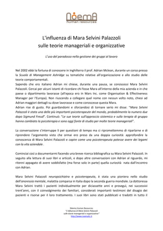 L'influenza di Mara Selvini Palazzoli
                 sulle teorie manageriali e organizzative
                       L’u...
