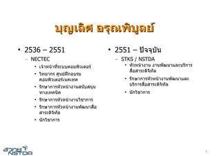 บุญเลิศ อรุณพิบูลย
●
    2536 – 2551                        ●
                                           2551 – ปจจุบัน
    – NECTEC                               – STKS / NSTDA
       • เจาหนาทีระบบคอมพิวเตอร
                   ่                          • หัวหนางาน งานพัฒนาและบริการ
                                                สื่อสาระดิจทล
                                                           ิ ั
       • วิทยากร ศูนยฝกอบรม
         คอมพิวเตอรเนคเทค                    • รักษาการหัวหนางานพัฒนาและ
       • รักษาการหัวหนางานสนับสนุน             บริการสื่อสาระดิจทล
                                                                 ิ ั
         ทางเทคนิค                            • นักวิชาการ
       • รักษาการหัวหนางานวิชาการ
       • รักษาการหัวหนางานพัฒนาสื่อ
         สาระดิจทล
                 ิ ั
       • นักวิชาการ




                                                                               2
 