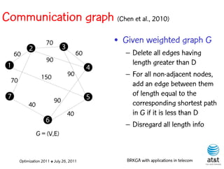 Communication graph (Chen et al., 2010)
                      70                          • Given weighted graph G
            2                   3
     60                                  60         – Delete all edges having
                      90                              length greater than D
 1                                            4
                   150              90              – For all non-adjacent nodes,
  70
                                                      add an edge between them
 7                                            5       of length equal to the
                           90                         corresponding shortest path
            40
                                    40                in G if it is less than D
                      6
                                                    – Disregard all length info
                 G = (V,E)


       Optimization 2011 ✤ July 26, 2011             BRKGA with applications in telecom
 